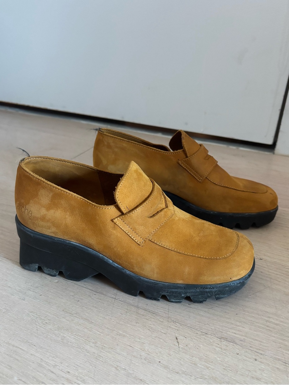 ARCHE mustard yellow soft suede loafers